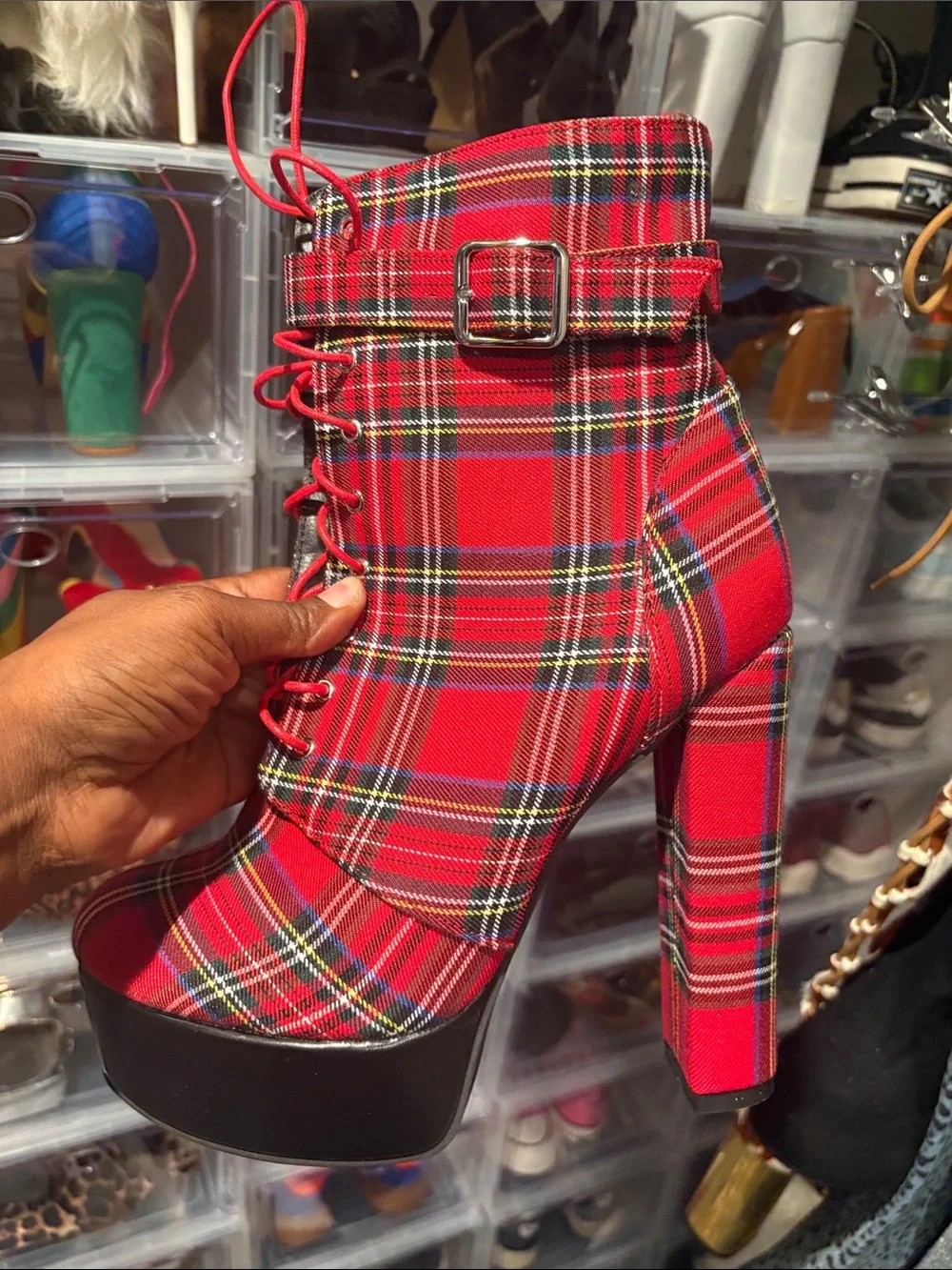 Plaid Platform Lace-Up Ankle Boot with Buckle - Red Plaid